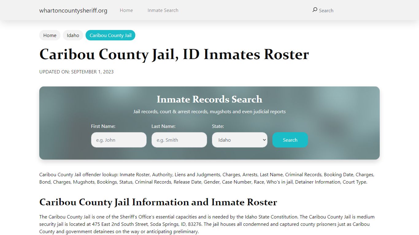 Caribou County Jail, ID Jail Roster, Name Search - Wharton County Sheriff